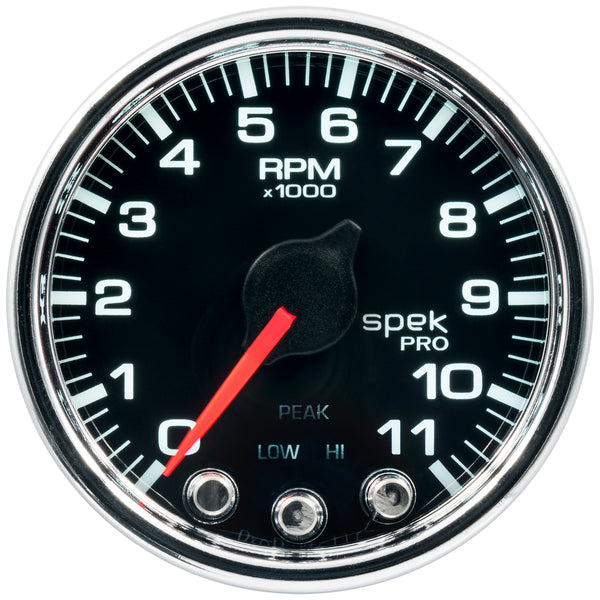 AutoMeter Gauge, Tach, 2 1/16", 11K RPM, W/ Shift Light & Peak Mem, Blk/Chrm, Spek-Pro — Red (P33631)