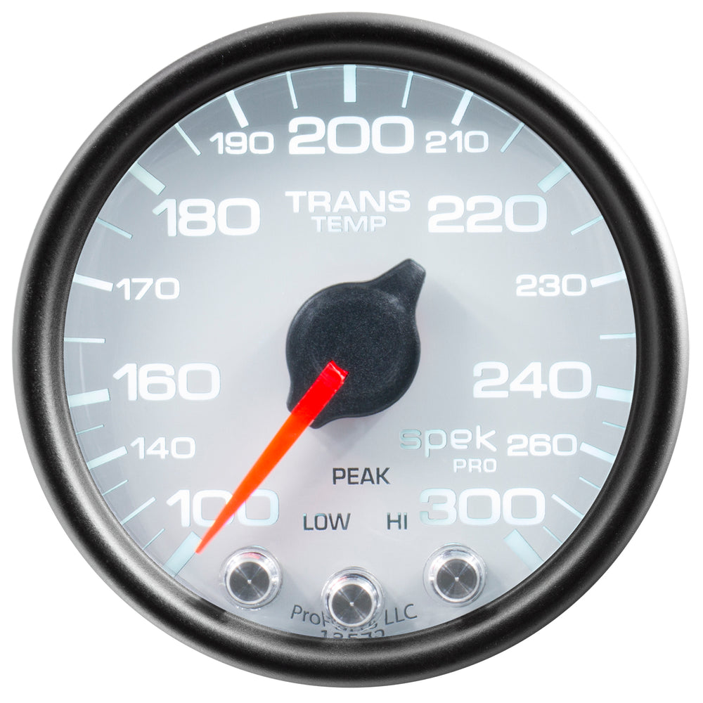 AutoMeter Gauge, Trans Temp, 2 1/16", 300°F, Stepper Motor W/Peak & Wrn, Wht/Blk, Spek-Pro