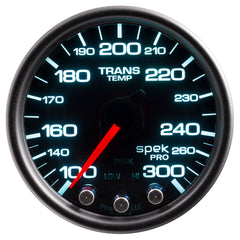 AutoMeter Gauge, Trans Temp, 2 1/16", 300°F, Stpr Mtr W/PK & Wrn, Blk/Smoke/Blk, Spek-Pro