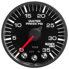 AutoMeter Gauge, Water Press, 2 1/16", 35PSI, Stepper Motor W/PK & Wrn, Blk/Blk, Spek-Pro