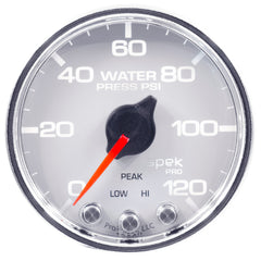AutoMeter Gauge, Water Press, 2 1/16", 120PSI, Stepper Motor W/Peak & Warn, Wht/Chrm, Spek