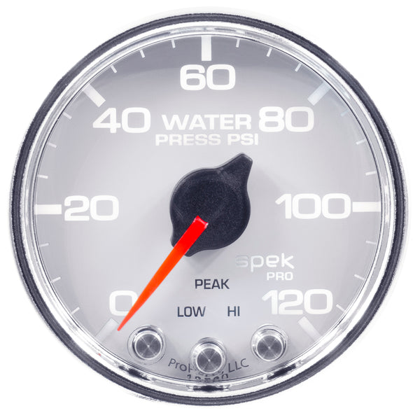 AutoMeter Gauge, Water Press, 2 1/16", 120PSI, Stepper Motor W/Peak & Warn, Wht/Chrm, Spek