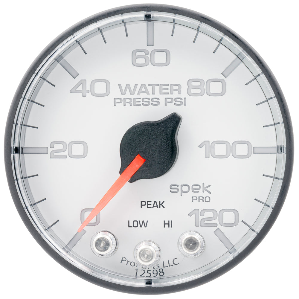 AutoMeter Gauge, Water Press, 2 1/16", 120PSI, Stepper Motor W/Peak & Warn, Wht/Blk, Spek — Red (P345128)