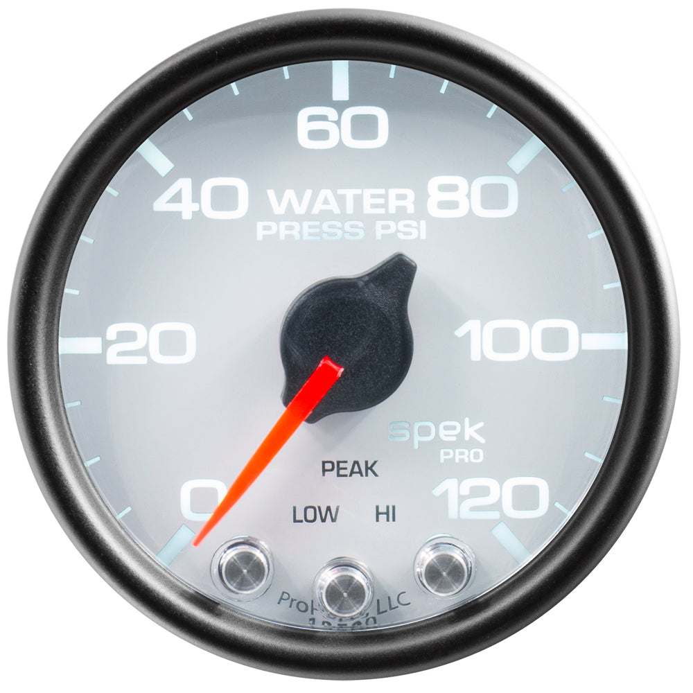 AutoMeter Gauge, Water Press, 2 1/16", 120PSI, Stepper Motor W/Peak & Warn, Wht/Blk, Spek — Red (P34512)