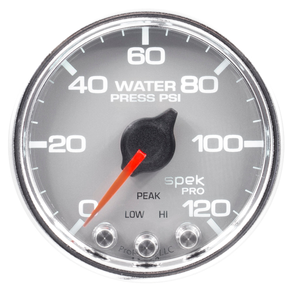 AutoMeter Gauge, Water Press, 2 1/16", 120PSI, Stepper Motor W/Peak & Wrn, Slvr/Chrm, Spek