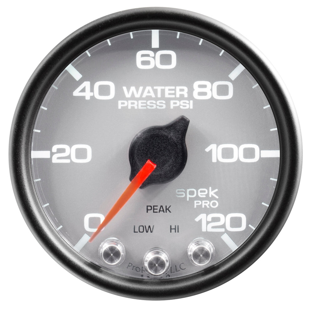 AutoMeter Gauge, Water Press, 2 1/16", 120PSI, Stepper Motor W/Peak & Warn, Slvr/Blk, Spek