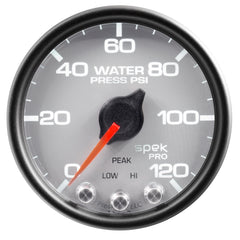 AutoMeter Gauge, Water Press, 2 1/16", 120PSI, Stepper Motor W/Peak & Warn, Slvr/Blk, Spek
