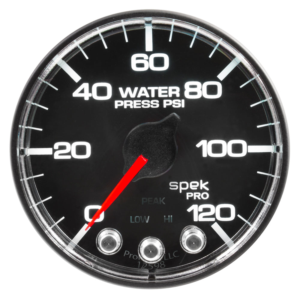 AutoMeter Gauge, Water Press, 2 1/16", 120PSI, Stepper Motor W/Peak & Warn, Blk/Chrm, Spek — Red (P345318)