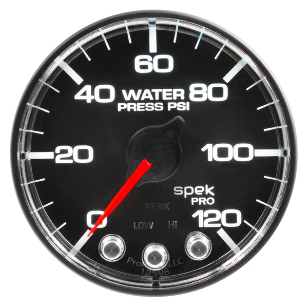 AutoMeter Gauge, Water Press, 2 1/16", 120PSI, Stepper Motor W/Peak & Warn, Blk/Chrm, Spek — Red (P345318)