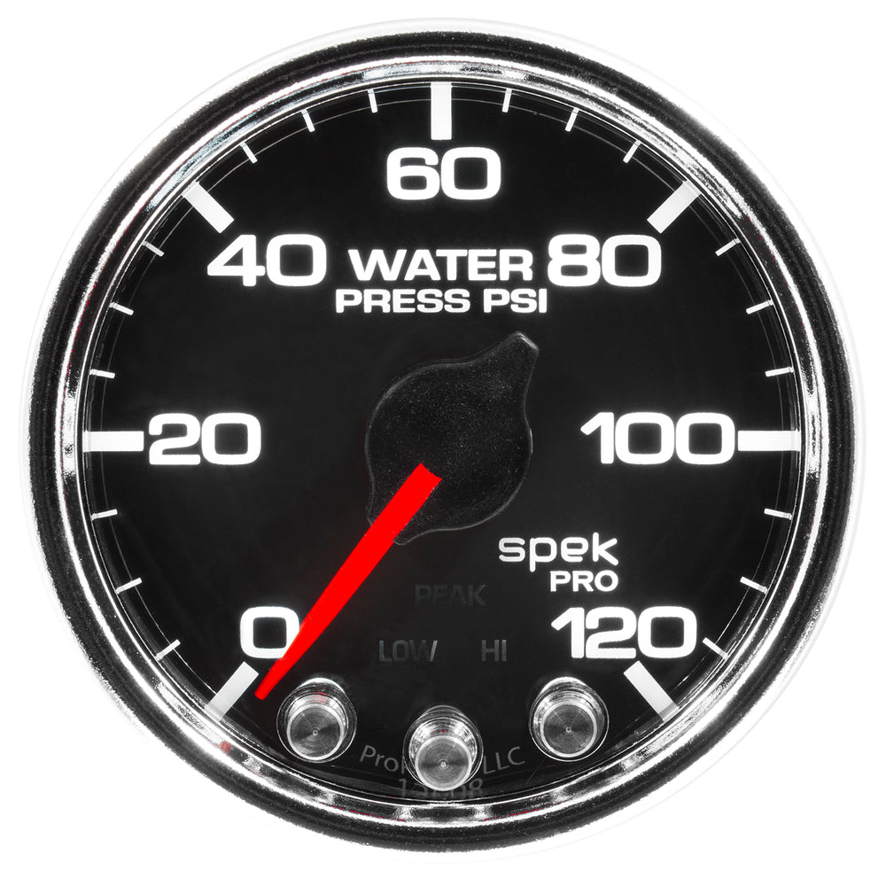 AutoMeter Gauge, Water Press, 2 1/16", 120PSI, Stepper Motor W/Peak & Warn, Blk/Chrm, Spek — Red (P34531)