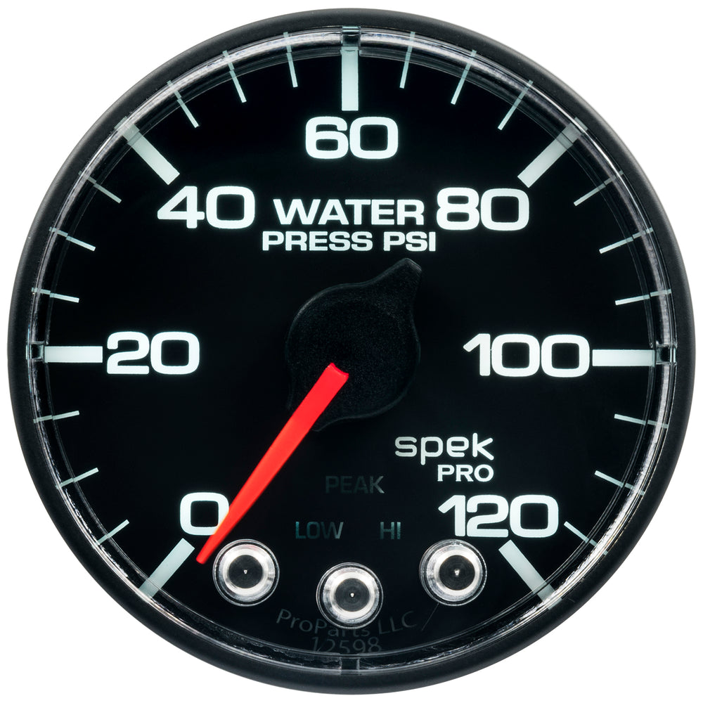 AutoMeter Gauge, Water Press, 2 1/16", 120PSI, Stepper Motor W/Peak & Warn, Blk/Blk, Spek — Red (P345328)