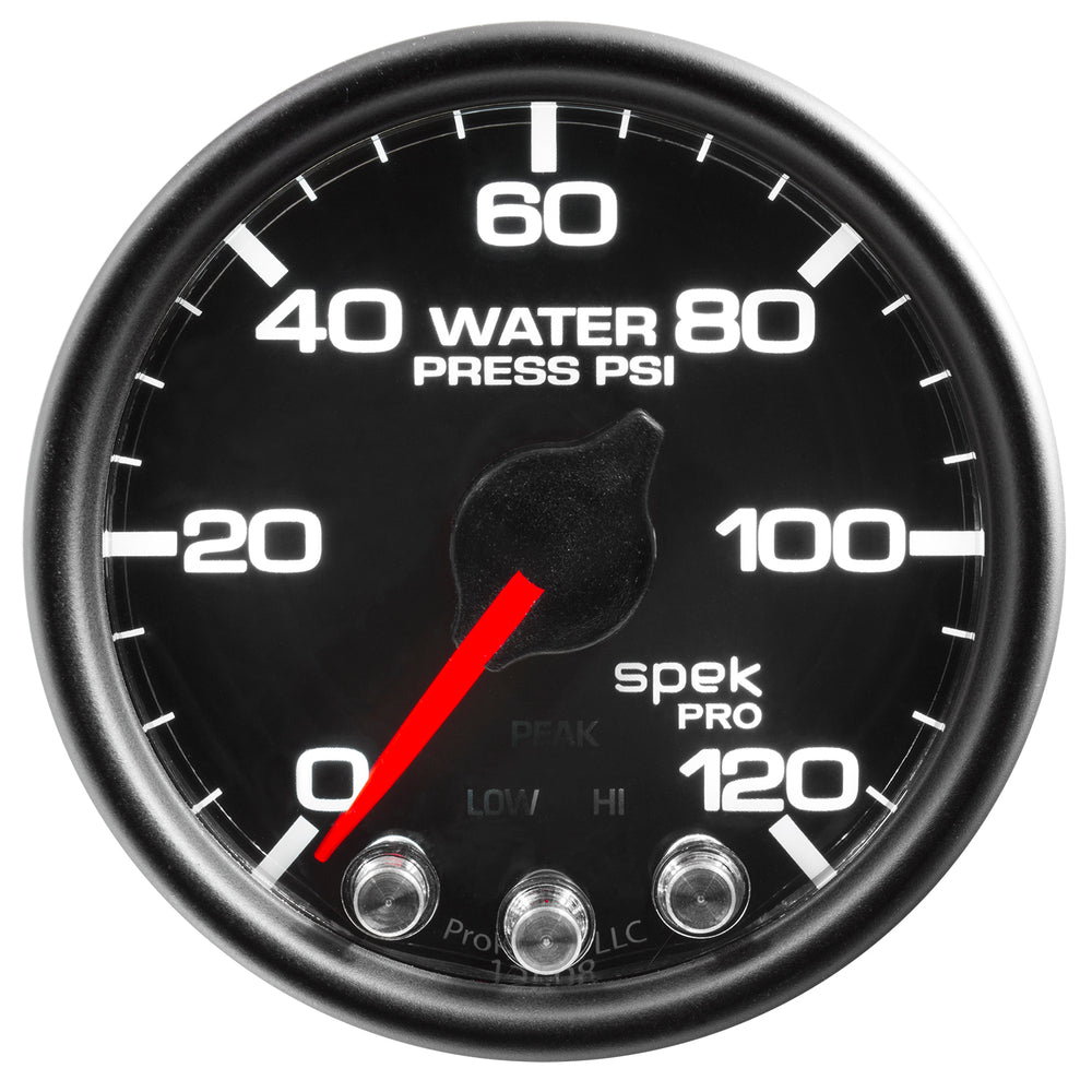 AutoMeter Gauge, Water Press, 2 1/16", 120PSI, Stepper Motor W/Peak & Warn, Blk/Blk, Spek — Red (P34532)