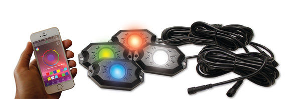 Race Sport 4-POD RGBW Hi-Power Rock Light Complete Kit with Bluetooth APP controls in Retail Box