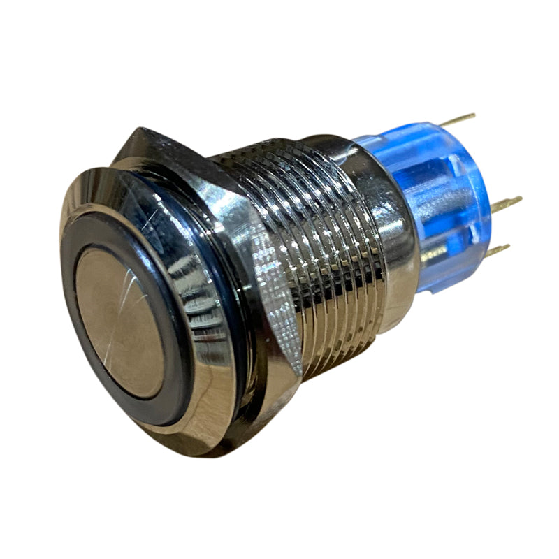 Race Sport New - Momentary Style 19mm Switch (BLUE LED) - Chrome Finish Flush Mount 12V - Not Pre-wired