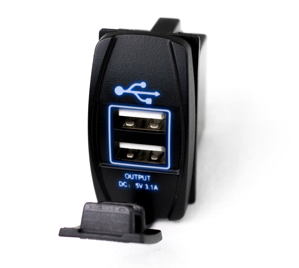 Race Sport LED Rocker Switch 2-Port USB Charge Panel w/ Blue Radiance