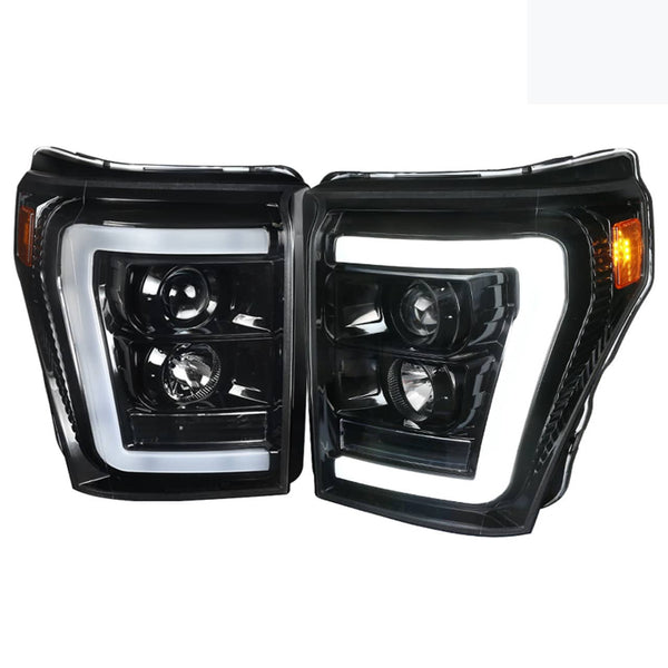 Spec-D Jet Black LED C-Bar Projector Headlights Clear Lens - 11-16 Super Duty - Bulbs Not Included for Turn Signals Reuse Stock Bulbs