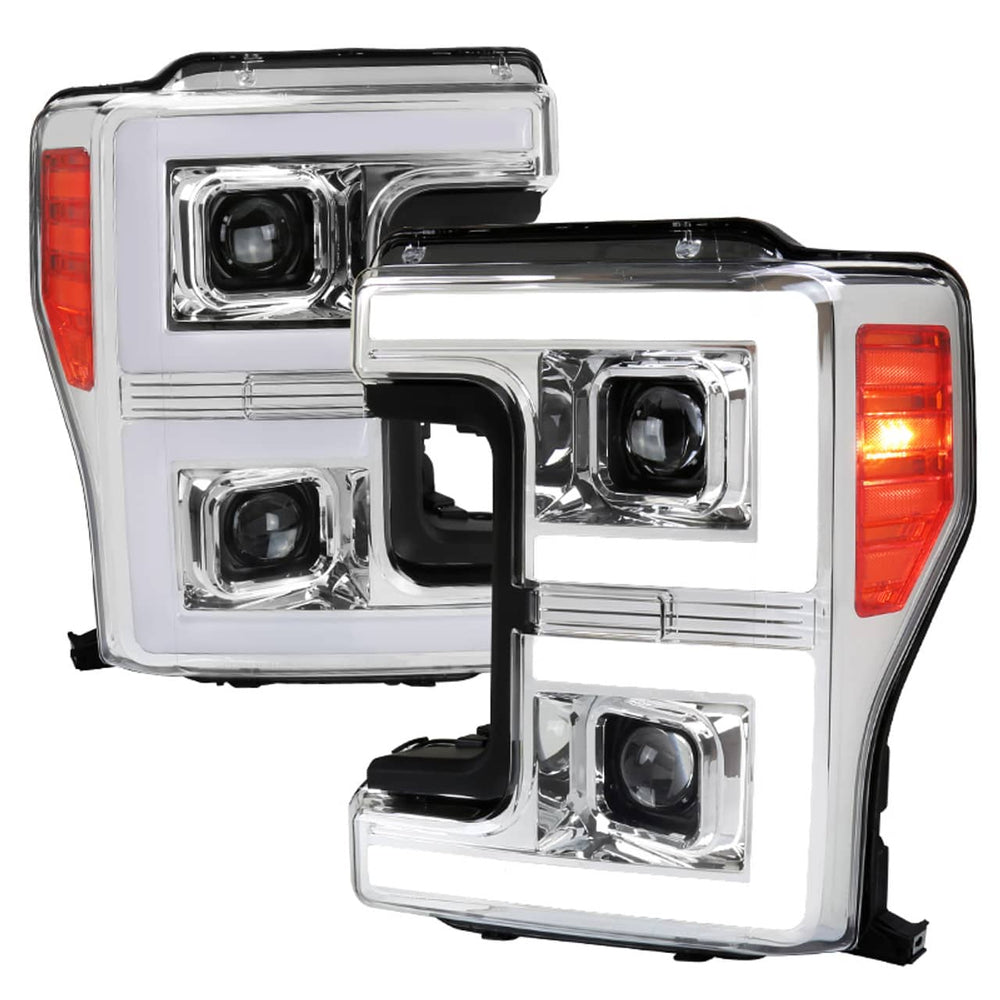 Spec-D Chrome LED C-Bar Projector Headlights Clear Lens W/ Switchback Sequential Turn Signals - 17-19 Super Duty Halogen Headlight Models Only