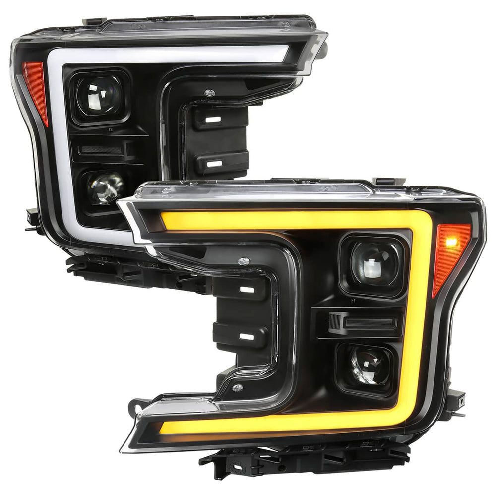Spec-D LED C-Bar Matte Black Housing/Clear Lens Projector Headlights with Switchback Sequential Turn Signal Lights - 18-20 F150