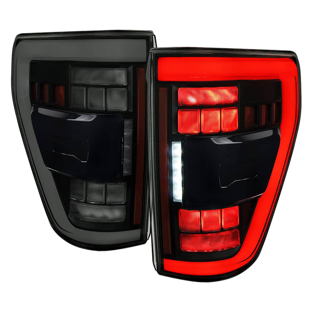 Spec-D Black Full LED Tail Lights with White Light Bar - 21-23 F150 with OE Halogen & Blind (SPD-LT-F15021BBBSM-SQ-RS)