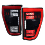 SPEC-D GLOSSY BLACK FULL LED TAIL LIGHTS WITH RED LIGHT BAR ; 21-23 F150 WITH OE HALOGEN & BLIND SPOT TAIL LIGHTS ONLY