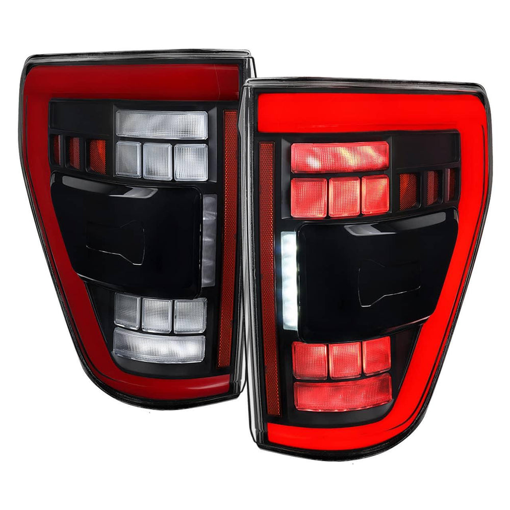 Spec-D Matte Black Full LED Tail Lights with Red Light Bar - 21-23 F150 with OE Halogen & Blind Spot Tail Lights Only