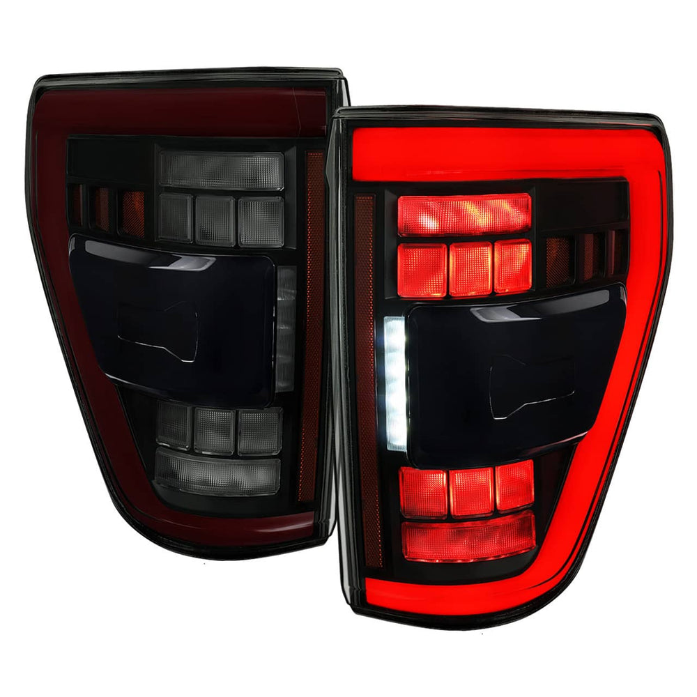 Spec-D Black Full LED Tail Lights with Red Light Bar - 21-23 F150 with OE Halogen & Blind Spot Tail Lights Only