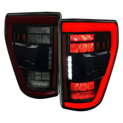 Spec-D Black Full LED Tail Lights with Red Light Bar - 21-23 F150 with OE Halogen & Blind Spot Tail Lights Only
