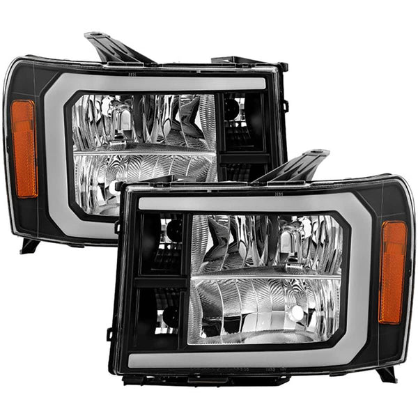 Spyder Xtune Black Crystal Headlights with LED Light Bar | 2007-2013 Sierra