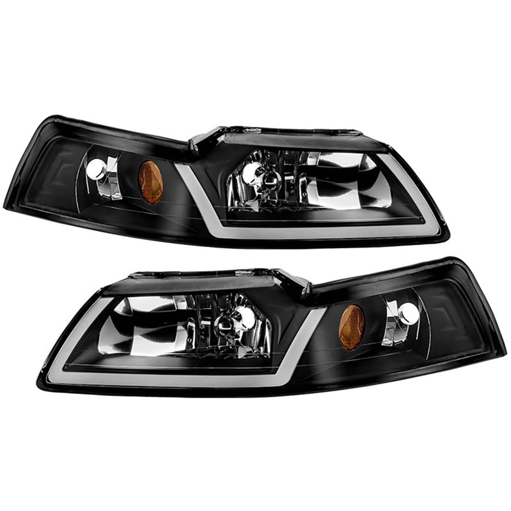 Spyder Xtune Black Crystal Headlights with LED Light Bar | 1999-2004 Mustang