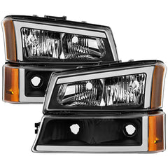 Spyder Xtune Black Crystal Headlights with Bumper Lights with LED Light Bar | 2003-2006 Silverado 1500/2500/3500/2003-2007 Silverado 1500HD/2003-2006 Silverado 2500HD