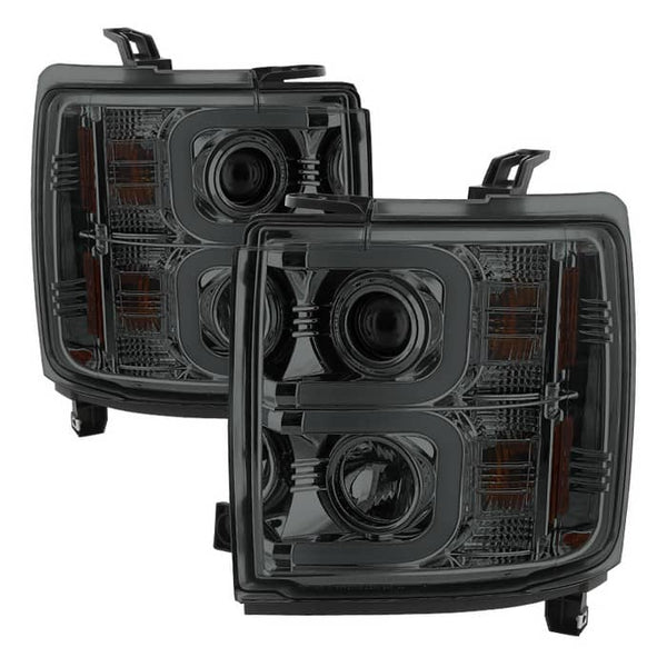 Spyder Smoked Projector Headlights with Light Bar DRL - 15-19 Silverado HD