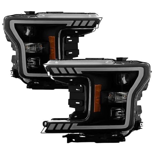 Spyder DRL LED Light Bar Projector Headlights - Black Smoked — 2018-2020 Ford F-150 (9050572)