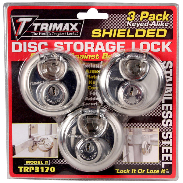 Trimax Locks Stainless Steel 70 mm (23/4") Round Disc Padlock with 10 mm Steel Shacklekeyed Alike 3 Pack