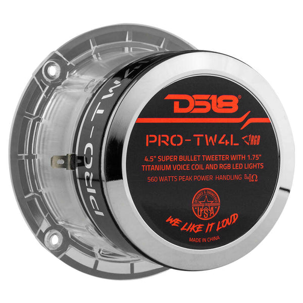 DS18 4.5in Super Bullet Tweeter 280 Watts RMS 1.75in Titanium Vc 4 ohm RGB LED Lights