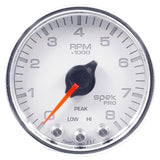 GAUGE, TACH, 2 1/16", 8K RPM, W/ SHIFT LIGHT & PEAK MEM, WHT/CHRM, SPEK-PRO