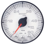 GAUGE, BOOST, 2 1/16", 60PSI, STEPPER MOTOR W/PEAK & WARN, WHT/BLK, SPEK-PRO — Red (P304128)