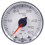 GAUGE, BOOST, 2 1/16", 60PSI, STEPPER MOTOR W/PEAK & WARN, WHT/CHRM, SPEK-PRO — Red (P30411)
