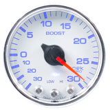 GAUGE, VAC/BOOST, 2 1/16", 30INHG-30PSI, STEPPER MTR W/PK & WRN, WHT/CHRME, SPEK