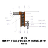 MEGA-DUTY BALL MOUNT ; 6" DROP / 3" SHANK WITH GH-0161 VERSA-BALL