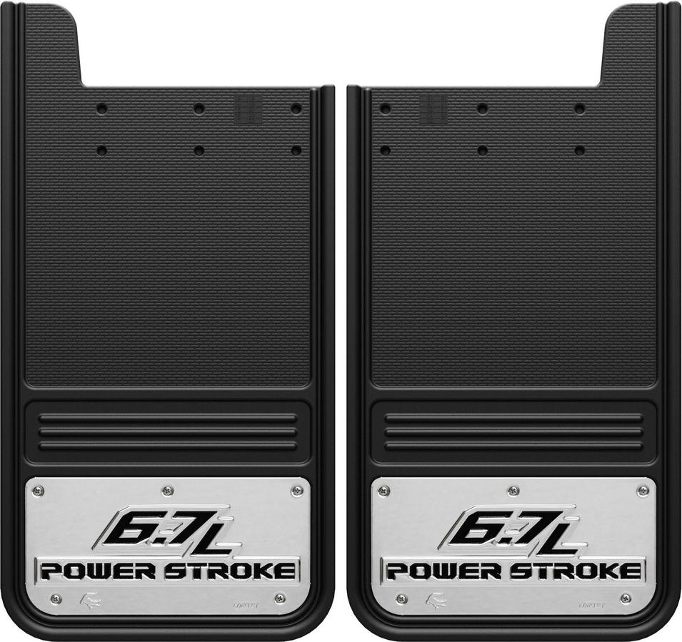 Matériel de camion, Bavettes, Paire, Gatorback Universel 12x23 Rectangulaire, Logo Power Stroke 6,7L - Acier inoxydable