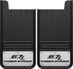 Matériel de camion, Bavettes, Paire, Gatorback Universel 12x23 Rectangulaire, Logo Power Stroke 6,7L - Acier inoxydable