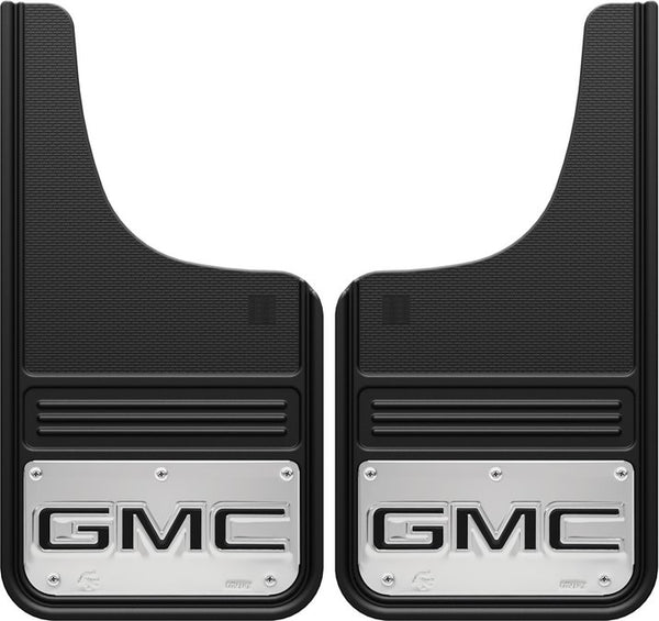 Truck Hardware Mudflap Pair Gatorback 12x23 Moon Cut Black inGMCin Logo - Stainless Steel (TH-GB1223CUTG-B)