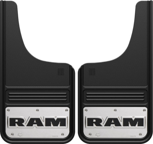 Truck Hardware Mudflap Pair Gatorback 12x23 Moon Cut inRam Textin Logo - Stainless Steel (TH-GB1223CUTRT)