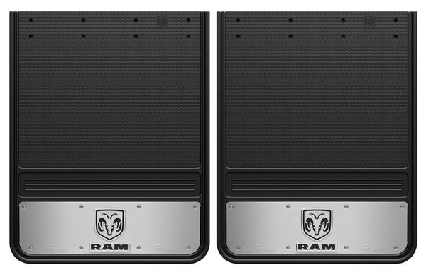 Truck Hardware Paire de garde-boue Gatorback 19x24 rectangulaires pour roues jumelées, logo tête de Ram et texte Ram - acier inoxydable (TH-GB1924RV)