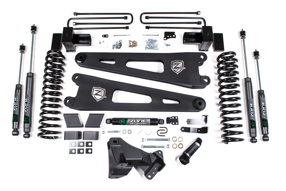 Zone Offroad 4" Lift Kit with Radius Arm — Gas, Block Kit With Factory Overload, FOX 2.0 Adventure Series — 2017-2019 Ford F-250/F-350 Super Duty, 4WD (ZONF105F)