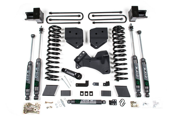 Zone Offroad 4" Lift Kit — Gas, Block Kit With Factory Overload, FOX 2.0 Adventure Series — 2017-2019 Ford F-250/F-350 Super Duty, 4WD (ZONF106F)